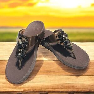 FITFLOP Metallic Bronze SLIDES SANDALS With Sequin Flower, Size 9 / EU 41